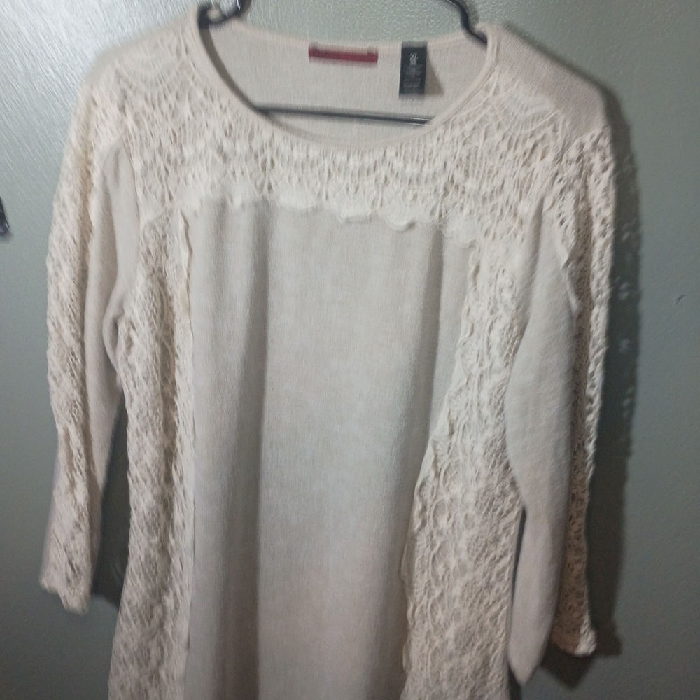 Bke ,Crochet Lace Knit Tunic Top, Women XL Cream Boho Long Sleeve Scoop Neck